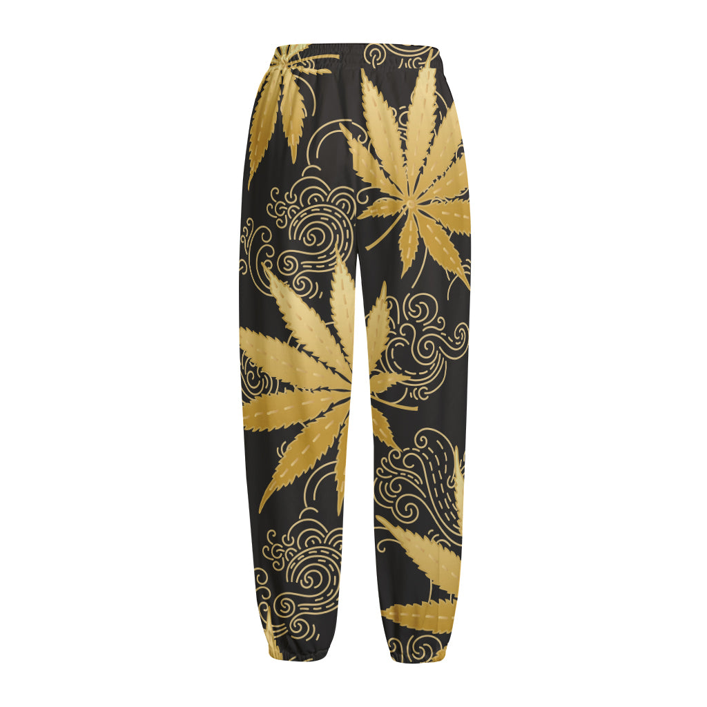 Gold Cannabis Leaf Pattern Print Fleece Lined Knit Pants