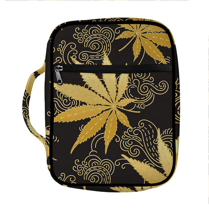 Gold Cannabis Leaf Pattern Print Front Pocket Bible Bag