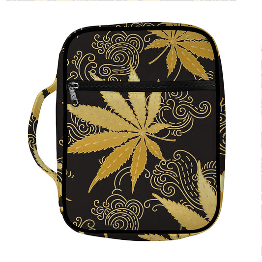 Gold Cannabis Leaf Pattern Print Front Pocket Bible Bag