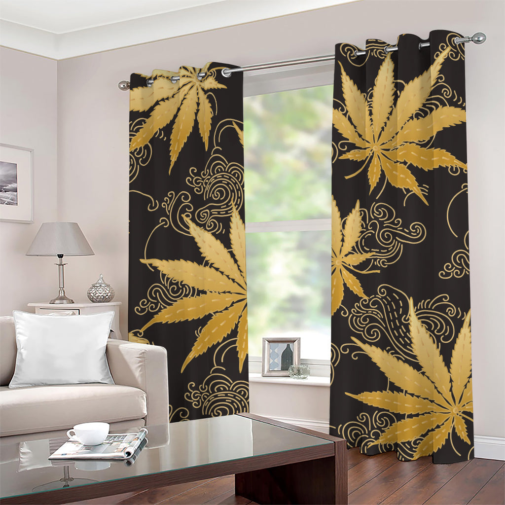 Gold Cannabis Leaf Pattern Print Grommet Curtains