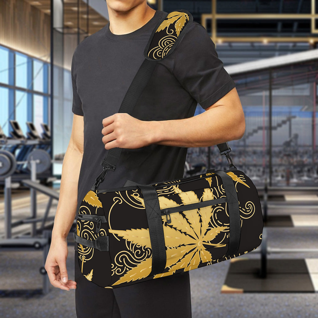 Gold Cannabis Leaf Pattern Print Gym Bag