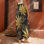 Gold Cannabis Leaf Pattern Print Harem Pants