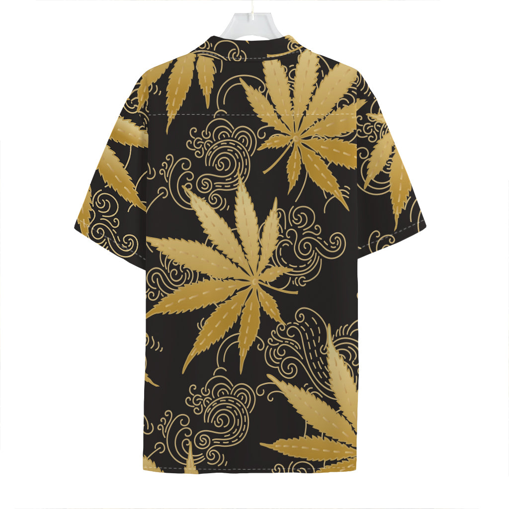 Gold Cannabis Leaf Pattern Print Hawaiian Shirt
