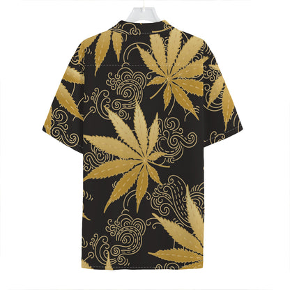 Gold Cannabis Leaf Pattern Print Hawaiian Shirt