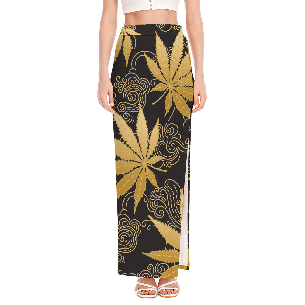 Gold Cannabis Leaf Pattern Print High Slit Maxi Skirt