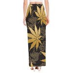 Gold Cannabis Leaf Pattern Print High Slit Maxi Skirt