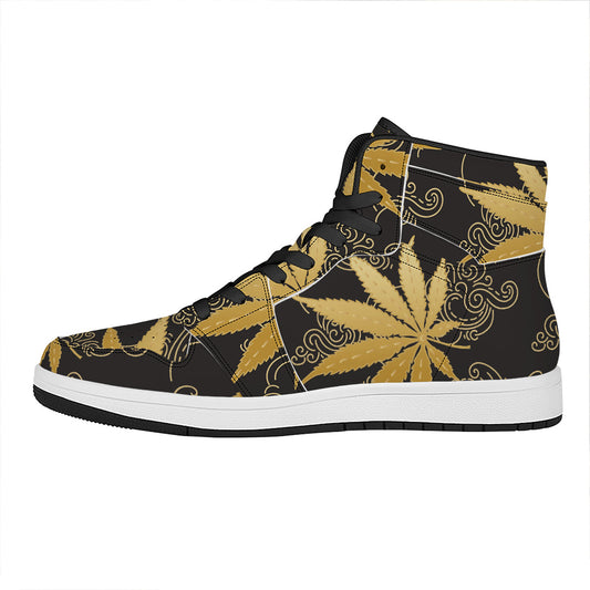 Gold Cannabis Leaf Pattern Print High Top Leather Sneakers