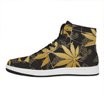 Gold Cannabis Leaf Pattern Print High Top Leather Sneakers