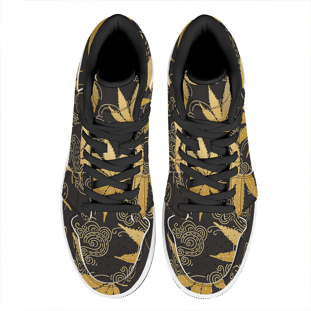 Gold Cannabis Leaf Pattern Print High Top Leather Sneakers