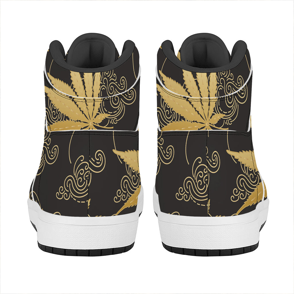 Gold Cannabis Leaf Pattern Print High Top Leather Sneakers