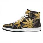 Gold Cannabis Leaf Pattern Print High Top Leather Sneakers