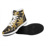 Gold Cannabis Leaf Pattern Print High Top Leather Sneakers