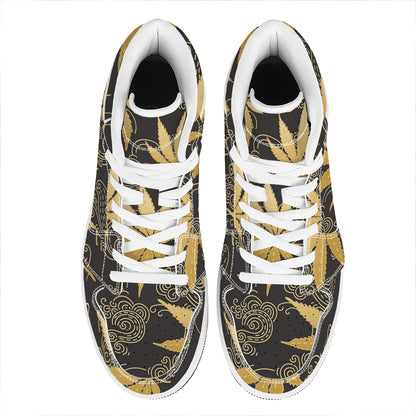 Gold Cannabis Leaf Pattern Print High Top Leather Sneakers