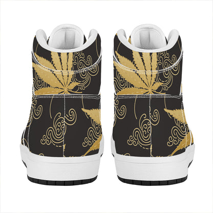 Gold Cannabis Leaf Pattern Print High Top Leather Sneakers