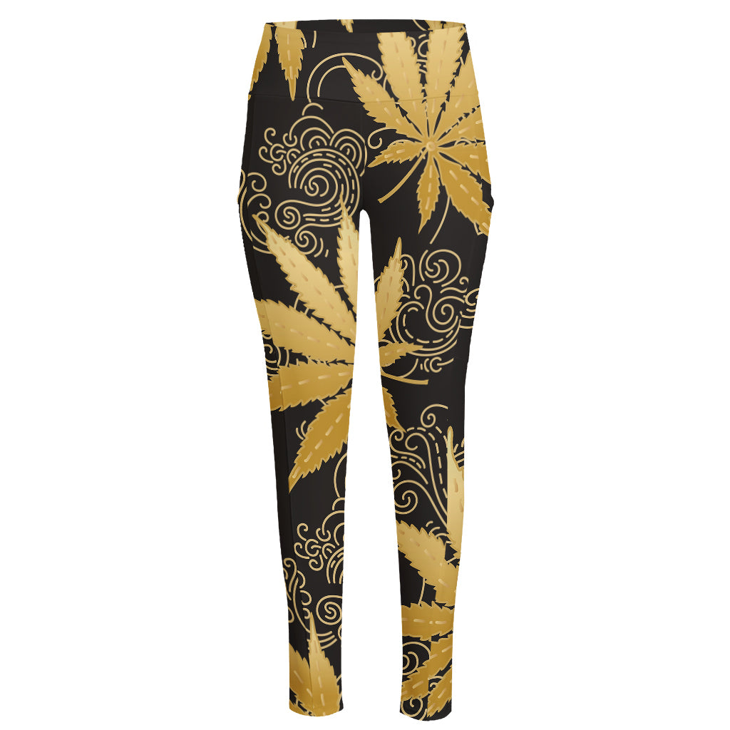 Gold Cannabis Leaf Pattern Print High-Waisted Pocket Leggings