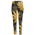 Gold Cannabis Leaf Pattern Print High-Waisted Pocket Leggings
