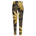 Gold Cannabis Leaf Pattern Print High-Waisted Pocket Leggings