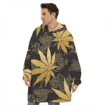 Gold Cannabis Leaf Pattern Print Hoodie Blanket