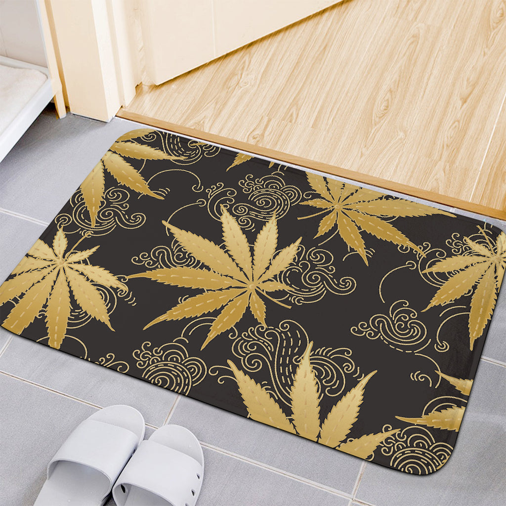 Gold Cannabis Leaf Pattern Print Indoor Door Mat