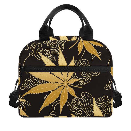 Gold Cannabis Leaf Pattern Print Insulated Lunch Bag