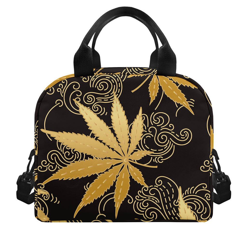 Gold Cannabis Leaf Pattern Print Insulated Lunch Bag