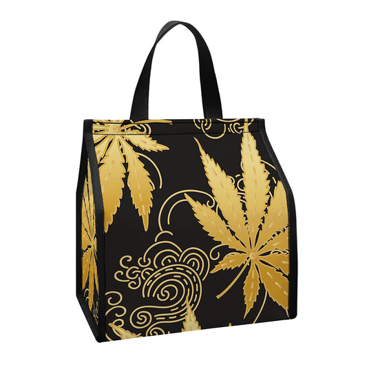 Gold Cannabis Leaf Pattern Print Insulated Lunch Tote
