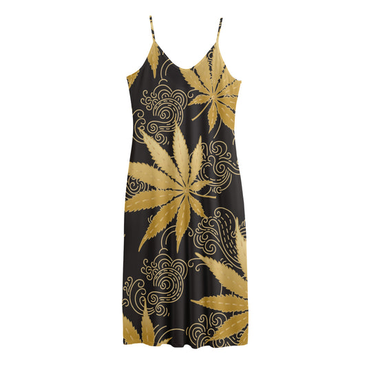 Gold Cannabis Leaf Pattern Print Jersey Midi Cami Dress