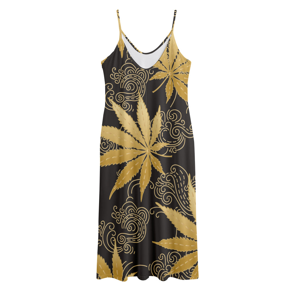 Gold Cannabis Leaf Pattern Print Jersey Midi Cami Dress