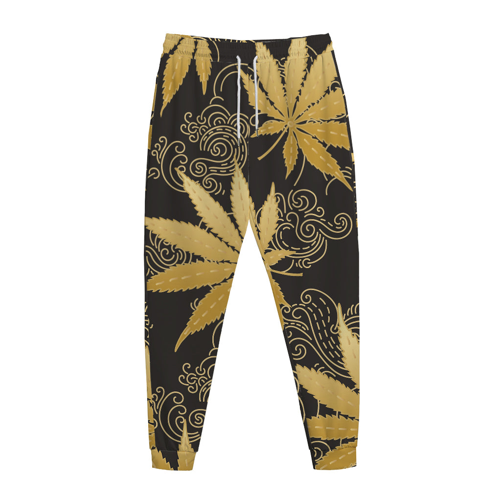 Gold Cannabis Leaf Pattern Print Jogger Pants