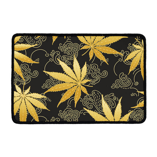 Gold Cannabis Leaf Pattern Print Kitchen Mat