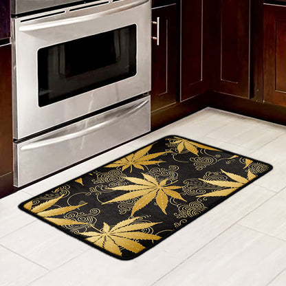Gold Cannabis Leaf Pattern Print Kitchen Mat
