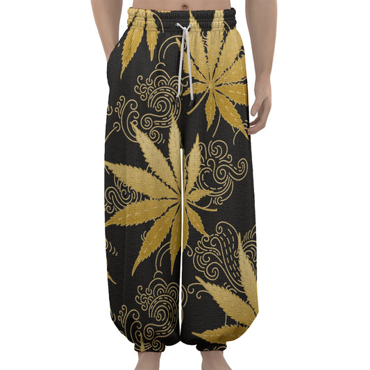 Gold Cannabis Leaf Pattern Print Lantern Pants