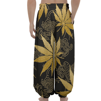 Gold Cannabis Leaf Pattern Print Lantern Pants