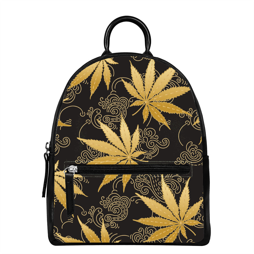 Gold Cannabis Leaf Pattern Print Leather Backpack