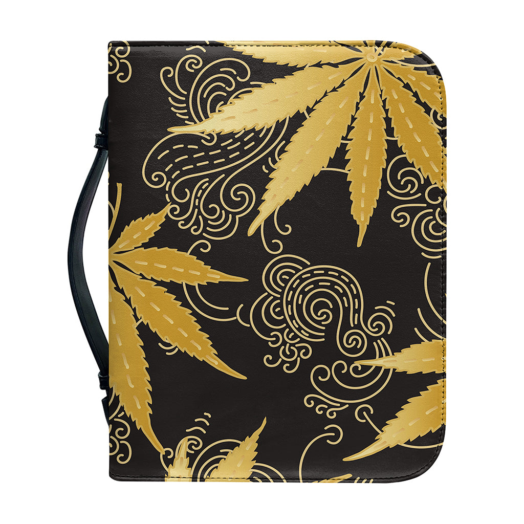Gold Cannabis Leaf Pattern Print Leather Bible Cover