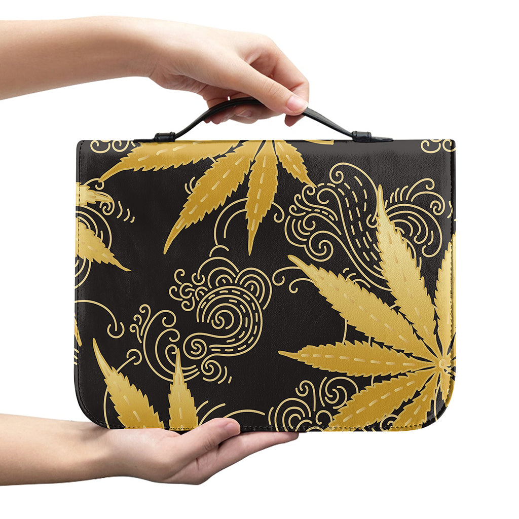 Gold Cannabis Leaf Pattern Print Leather Bible Cover