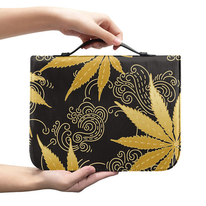 Gold Cannabis Leaf Pattern Print Leather Bible Cover