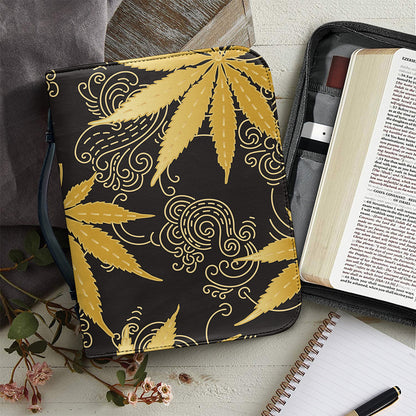 Gold Cannabis Leaf Pattern Print Leather Bible Cover