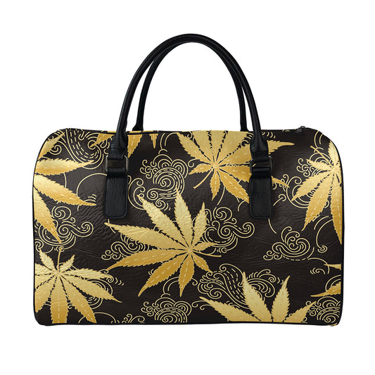 Gold Cannabis Leaf Pattern Print Leather Duffle Bag