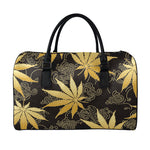 Gold Cannabis Leaf Pattern Print Leather Duffle Bag
