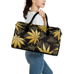 Gold Cannabis Leaf Pattern Print Leather Duffle Bag