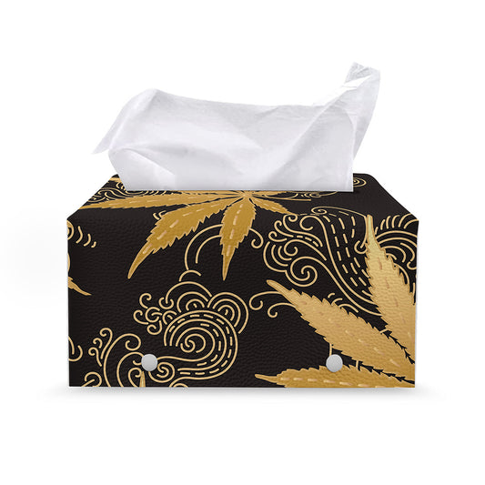 Gold Cannabis Leaf Pattern Print Leather Tissue Box Cover