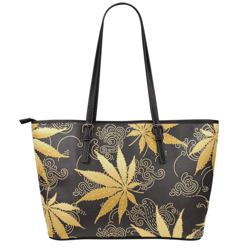 Gold Cannabis Leaf Pattern Print Leather Tote Bag