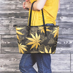 Gold Cannabis Leaf Pattern Print Leather Tote Bag