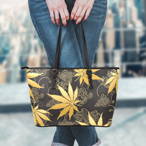 Gold Cannabis Leaf Pattern Print Leather Tote Bag