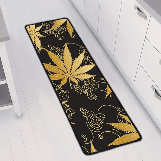 Gold Cannabis Leaf Pattern Print Long Kitchen Mat