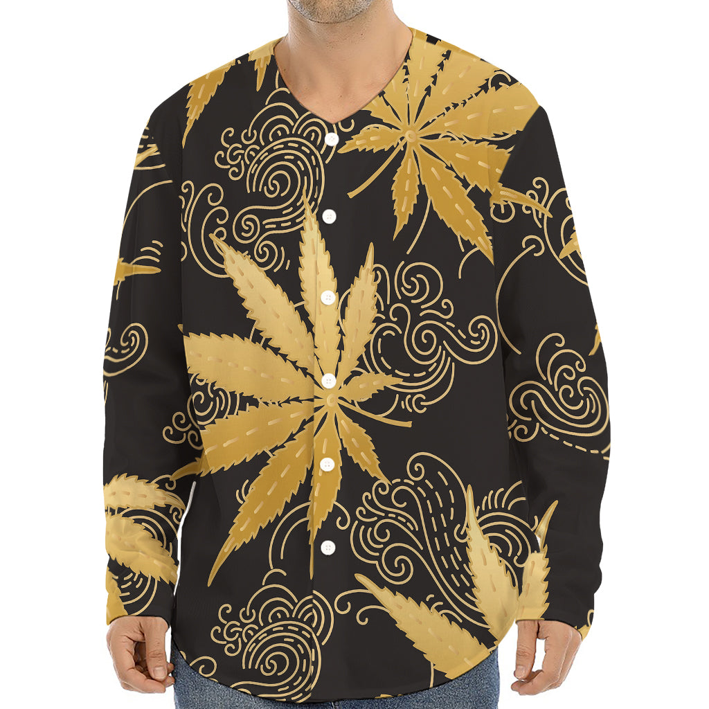 Gold Cannabis Leaf Pattern Print Long Sleeve Baseball Jersey