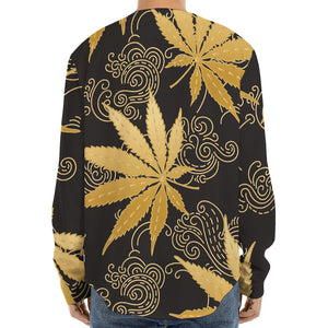 Gold Cannabis Leaf Pattern Print Long Sleeve Baseball Jersey