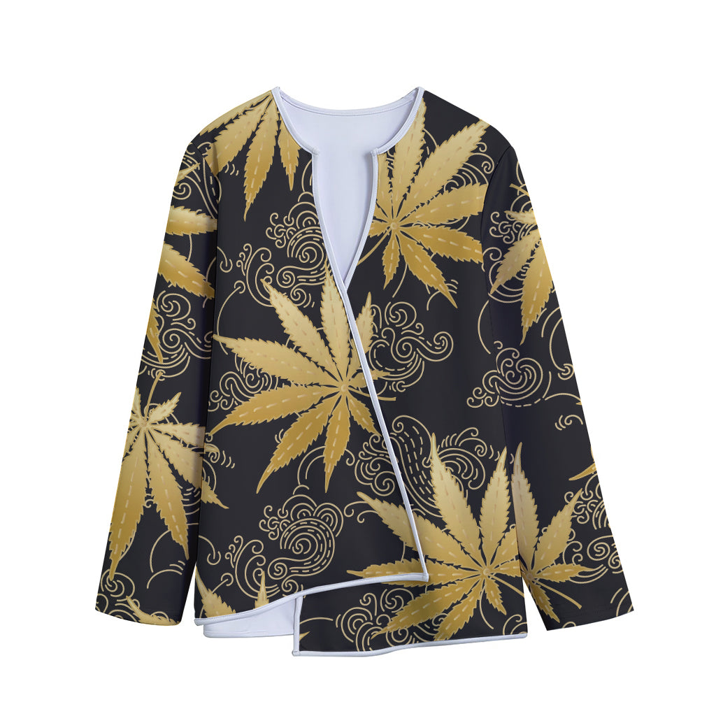 Gold Cannabis Leaf Pattern Print Long Sleeve Short Coat