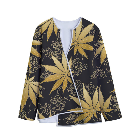 Gold Cannabis Leaf Pattern Print Long Sleeve Short Coat